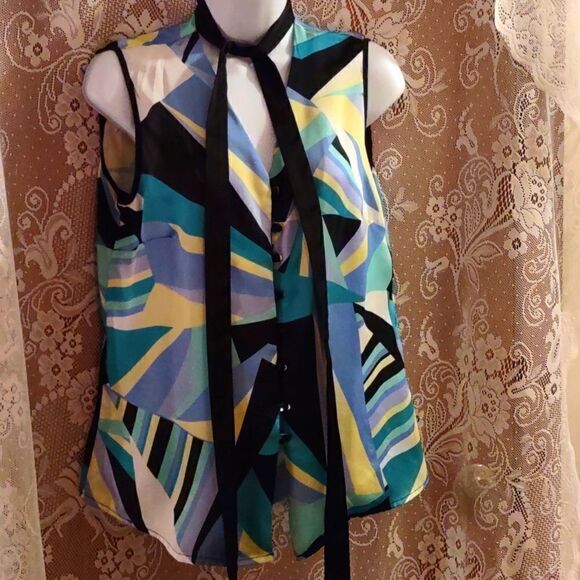 Nine West, Size 8, blue black yellow‎ white green geometric top attached tie - Picture 1 of 7